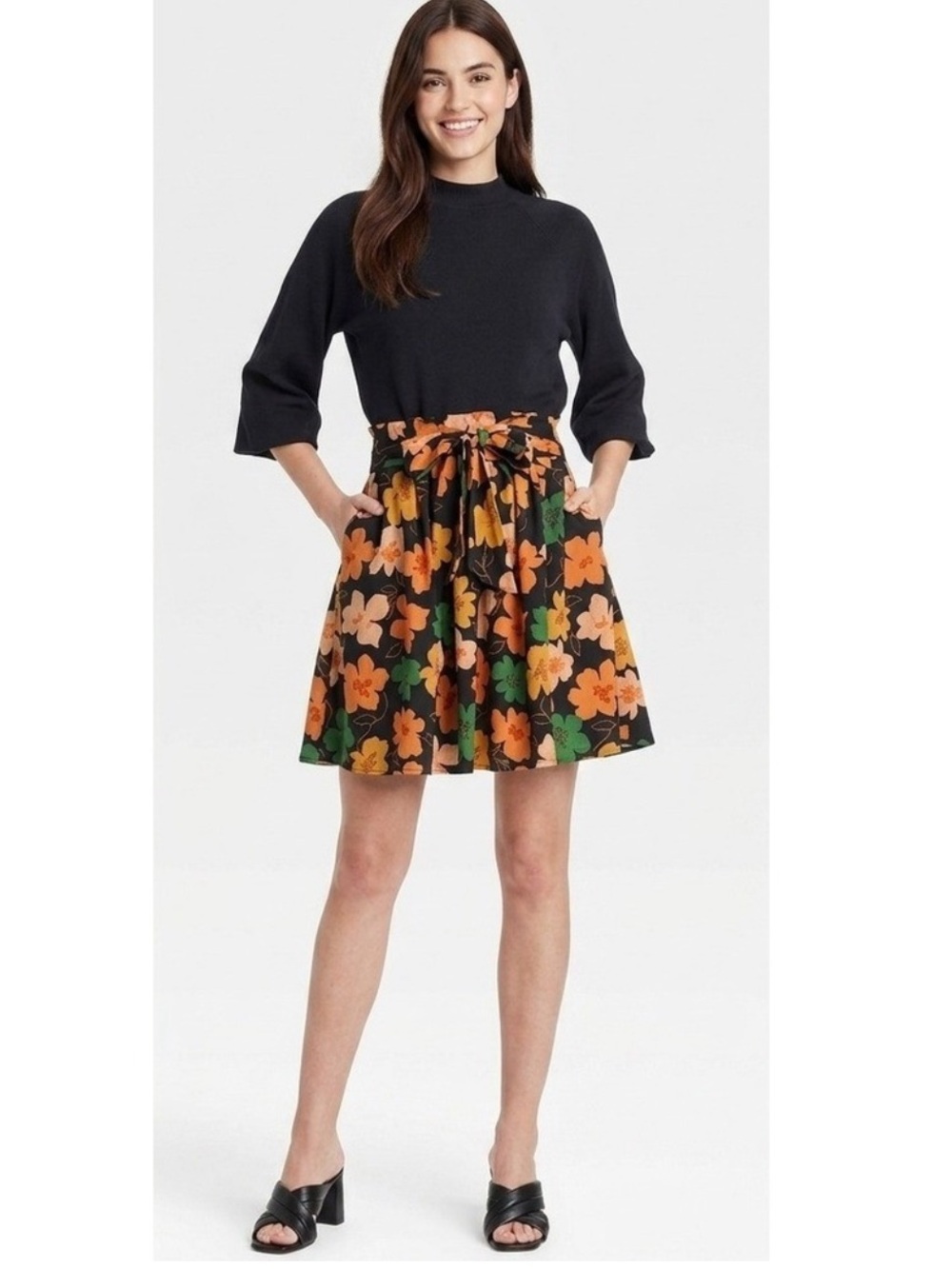 Who What Wear Black Floral Circle Skirt – Orange, Yellow & Green Print - L